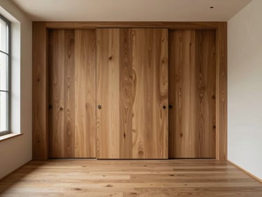 Wide architectural shot of a minimalist hallway featuring a floor-to-ceiling pivot door in natural walnut wood, continuous grain pattern visible, soft natural side light, high-end interior design.
