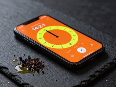 High-contrast macro shot of a smartphone screen displaying a bold, orange and neon-yellow dial interface, resting on a dark slate counter next to spilled black pepper and a splash of olive oil, moody side-lighting.