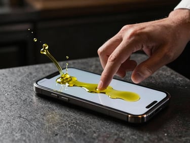 A dynamic, angled action shot of a chef's hand adjusting a bold, neo-brutalist slider on a smartphone screen, splashing olive oil in the background, dramatic side-lighting.