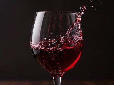 Macro shot of dark red wine splashing dynamically inside a crystal glass, high contrast dramatic side-lighting, ultra-saturated colors, dark background