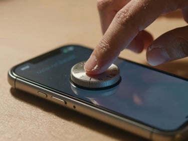 Extreme close-up of a hand with flour-dusted fingers rotating a chunky digital dial on a glowing smartphone screen, warm side-lighting, deep shadows