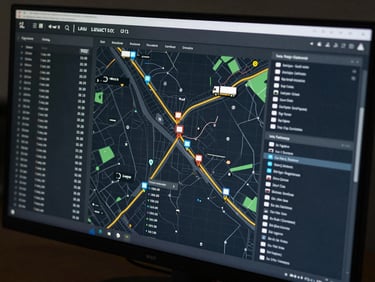 Close-up overhead shot of a logistics tracking dashboard on a large monitor screen, showing route maps with truck position pins, cargo weight columns and ETA timestamps in a dark-themed interface, sharp focus on data rows, studio overhead lighting, no people visible