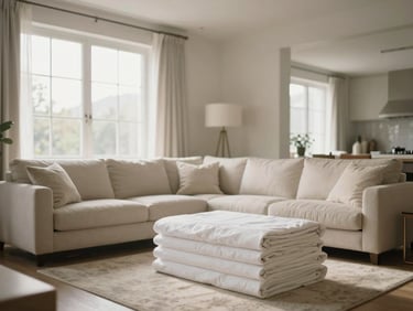 Wide balanced architectural shot of a pristine luxury living room, crisp folded linens, neutral tones, soft natural light, 35mm.
