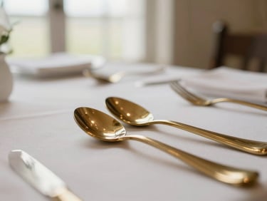 Close-up of polished brass event fixtures and pristine table settings, shallow depth of field, warm editorial lighting, 35mm.