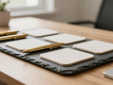 Close-up detail of a pristine slate office desk with perfectly aligned brass pens and crisp linen coasters, soft morning light, warm editorial photography.