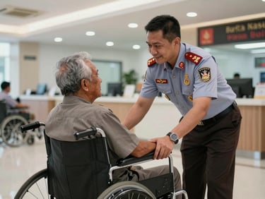 A friendly Indonesian immigration officer assisting an elderly citizen in a wheelchair inside a bright, modern service hall, respectful interaction