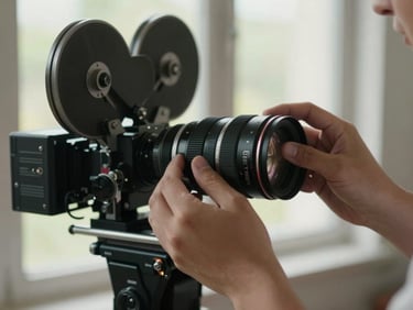 Film still, close-up of hands adjusting a 16mm camera lens on a location set, natural window light raking across the mechanism, shallow depth of field, grain