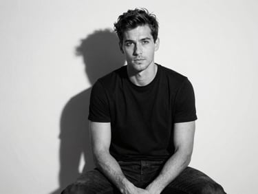 Editorial portrait, subject seated against a bare white studio wall, single directional light from camera-left, sharp shadow geometry, high contrast monochrome