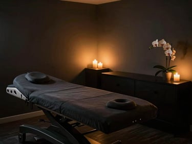 Serene empty couple treatment room with soft ambient lighting, orchids, and warm candles, 35mm