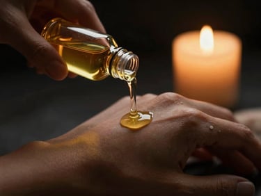 Warm botanical oil being poured onto skin under soft golden candlelight, deep shadows, 35mm