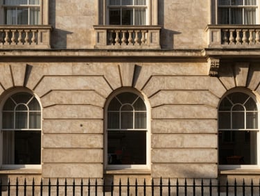 A grand limestone facade in Knightsbridge, soft morning light, architectural detail, 35mm.