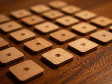 Close-up of premium wooden board game pieces on a polished dark wood table, soft warm amber lighting, shallow depth of field, 35mm