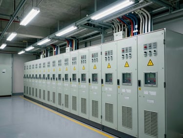 Environmental wide shot of a newly installed HT switchgear room, cable trays running overhead to transformer bays, tungsten fluorescent strips casting even industrial light, equipment labels and warning signs in frame