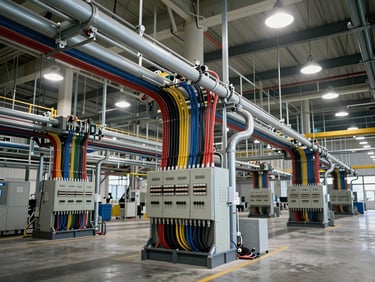 Wide environmental shot of a completed overhead cable tray installation inside a functioning manufacturing plant, dozens of colour-coded conduit runs converging at a main distribution board, tungsten pendant lights above, concrete floor visible below, no people in frame