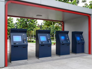Wide environmental shot of a modern public park entrance, smart ticketing kiosks, cool bright daylight, sharp 35mm lens.