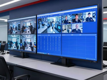 High-definition command center monitoring screens showing security dashboards, blue screen glow, professional atmosphere.