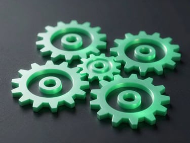 Abstract 3D render of interconnected glowing emerald gears and nodes representing workflow orchestration, dark background