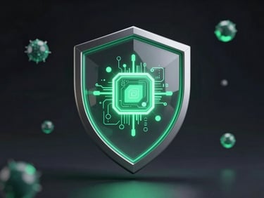 Sleek 3D render of a secure geometric shield protecting a glowing data core, neon emerald accents, dark background