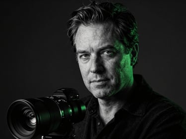 Moody low-key studio portrait of a writer with sharp high-contrast shadows and subtle neon green rim lighting, professional 85mm lens, dark background