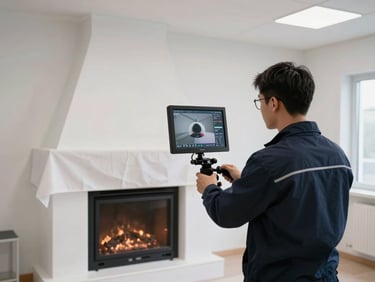 A technician operating a high-definition flue-camera monitor inside a clean living room, pristine hearth protected by drop cloths, high-visibility workspace lighting.