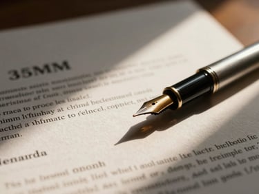 Close-up of a legal document with a fountain pen, shallow depth of field, warm dramatic lighting, 35mm
