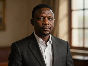 Dignified portrait of a Nigerian advisory counsel, male, in a dark suit, warm side-lighting, shallow depth of field, 35mm.