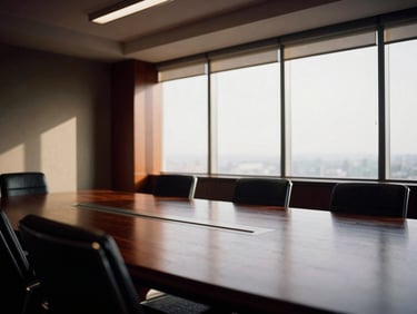 Architectural shot of a modern Nigerian corporate boardroom, soft window light, high-contrast shadows, warm editorial photography, 35mm
