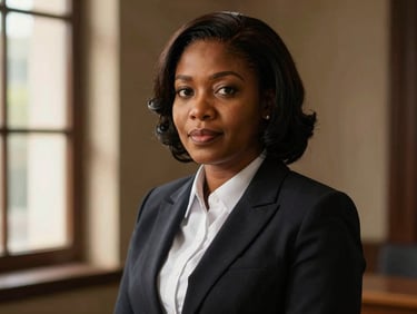 Dignified portrait of a Nigerian litigation attorney, female, in a dark suit, warm side-lighting, shallow depth of field, 35mm.