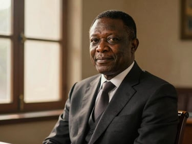 Dignified portrait of a Nigerian senior attorney, male, in a dark suit, warm side-lighting, shallow depth of field, 35mm.