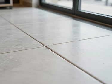 Close-up ground-level shot of large-format porcelain tile being laid in a luxury commercial lobby, grout lines precisely spaced, trowel marks in adhesive visible at edge, overcast window light from the right, no people