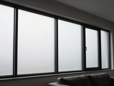 Interior view of a modern living room with large windows, showing a subtle, high-performance window tint, crisp light, architectural framing.