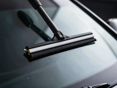 Close-up of a squeegee smoothing ceramic film onto a car window, dramatic studio lighting, deep charcoal and cool white tones, macro lens.