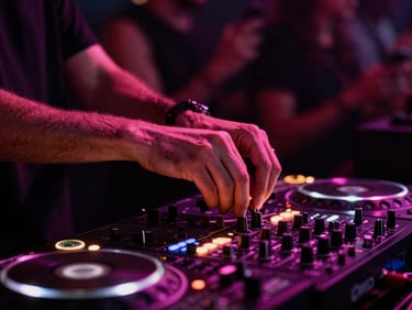 Close-up of a DJ's hands on a mixing console, vibrant magenta LED lights reflecting on the equipment, blurred crowd in background.