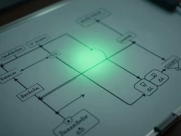 High-angle macro shot of a physical whiteboard filled with complex system architecture diagrams and refactored data pipelines, illuminated by moody low-key green terminal light, shallow depth of field