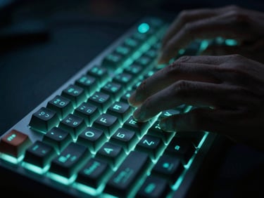 Macro shot of hands typing on a mechanical keyboard under moody cyan terminal glow, shallow depth of field, 50mm lens