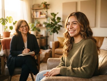 Joven sonriendo en un entorno cálido, luz natural de atardecer, enfoque en la expresión de esperanza, con un profesional de la salud mental al fondo, en un estudio de fotografía editorial.