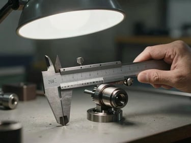 A machinist's caliper measuring a precision part on a flat surface, harsh overhead workshop light, steel rule and part in sharp focus, no person visible