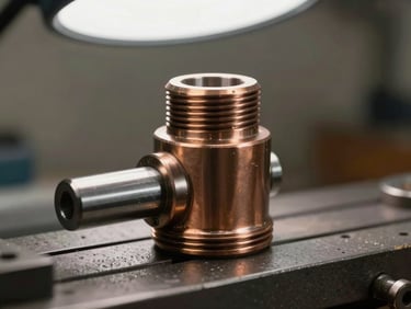 Close-up of a finished bronze bushing and steel shaft resting on a machinist's workbench, clear studio light from above, surface finish clearly visible, neutral background