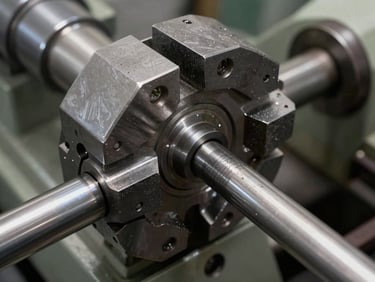 Overhead close-up of a conventional lathe chuck gripping a steel rod, sharp focus on the chuck jaws and workpiece surface, cool daylight, no operator