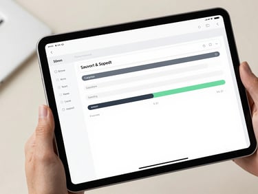 Crisp close-up of a modern Android tablet displaying a clean database schema and data synchronization progress bar, bright studio lighting, soft neutral background, 50mm