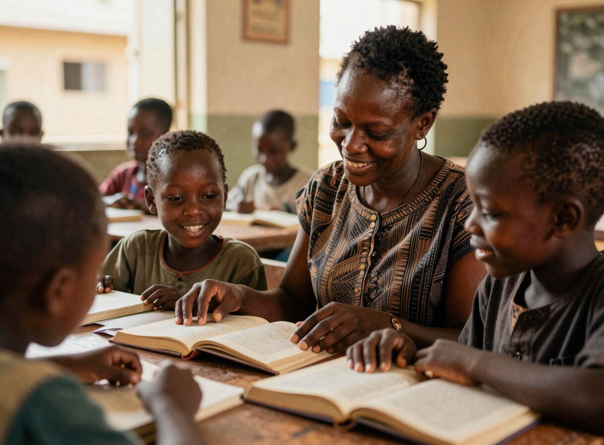 Close-up of a teacher and children smiling over books in a bright, sunlit classroom in Lagos, natural daylight, warm editorial style.