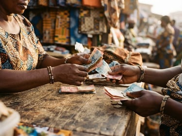 A close-up of hands counting currency over a wooden market counter, warm natural light, rich textures of West African textiles in the background.