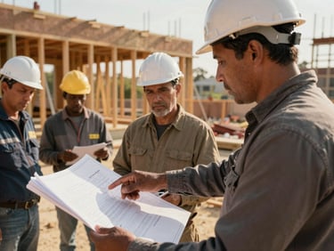 Close-up of a structural engineer on a community building site, discussing blueprints with local workers, natural daylight