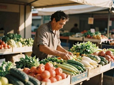 A local market merchant proudly organizing fresh produce at her warm, sunlit stall, medium format film style, rich earthy tones.