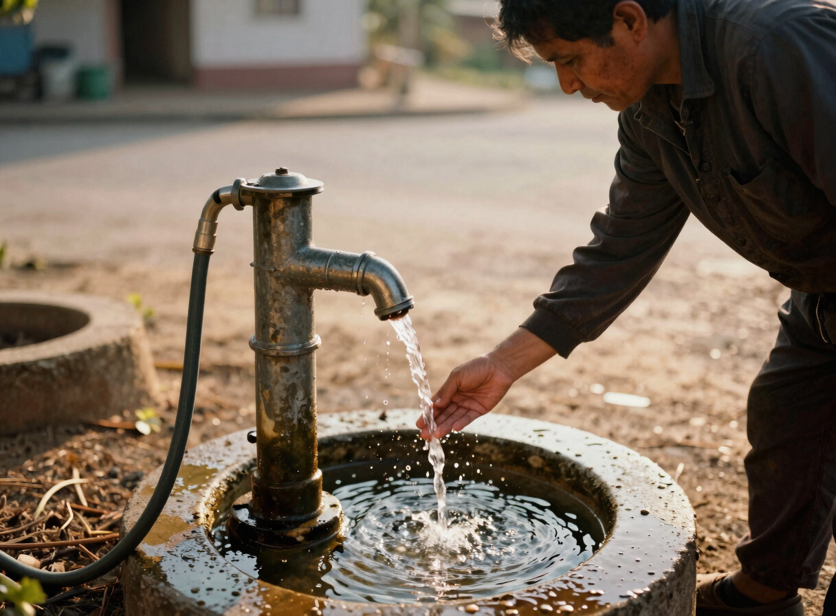 A community member operating a newly installed water pump, clean flowing water catching the golden hour light, authentic interaction.