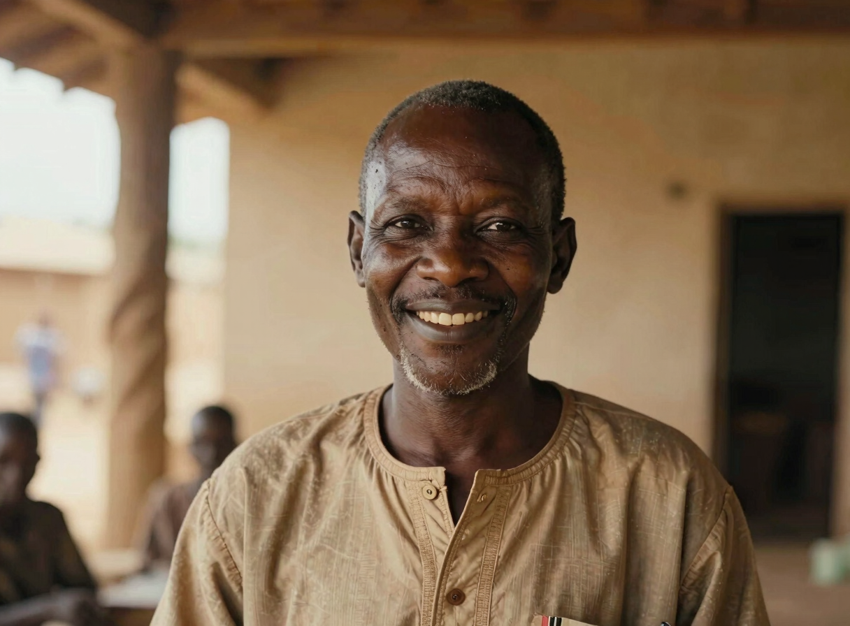 Close-up portrait of a West African community leader in a bright, naturally lit workshop space, warm earthy tones, authentic smile
