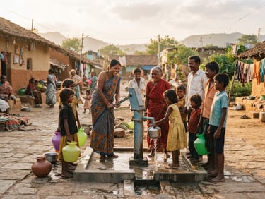 A newly installed community water pump in a sunlit village square, local residents gathered collaboratively, natural golden-hour daylight, medium format film.