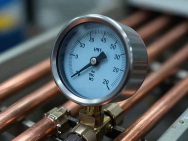 Macro close-up of a digital manifold gauge connected to copper refrigeration lines, crisp blue backlight on the screen, clean brazing visible, cool high-contrast lighting.
