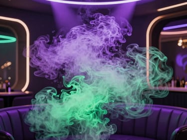An artistic shot of swirling purple and green vape clouds blending gracefully, lit by ultra-premium neon stage lights in a futuristic Dubai lounge, luxury atmosphere, photorealistic style.