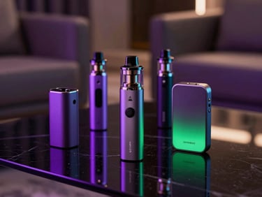 A high-end, close-up lifestyle shot of premium vape accessories and devices arranged on a dark obsidian glass table. Softly glowing neon purple and green lights reflect off the sleek surfaces, with a blurred background of a modern luxury lounge in Dubai, Middle Eastern / Dubai Gulf Region, professional product photography, dramatic shadows, sophisticated and moody atmosphere.
